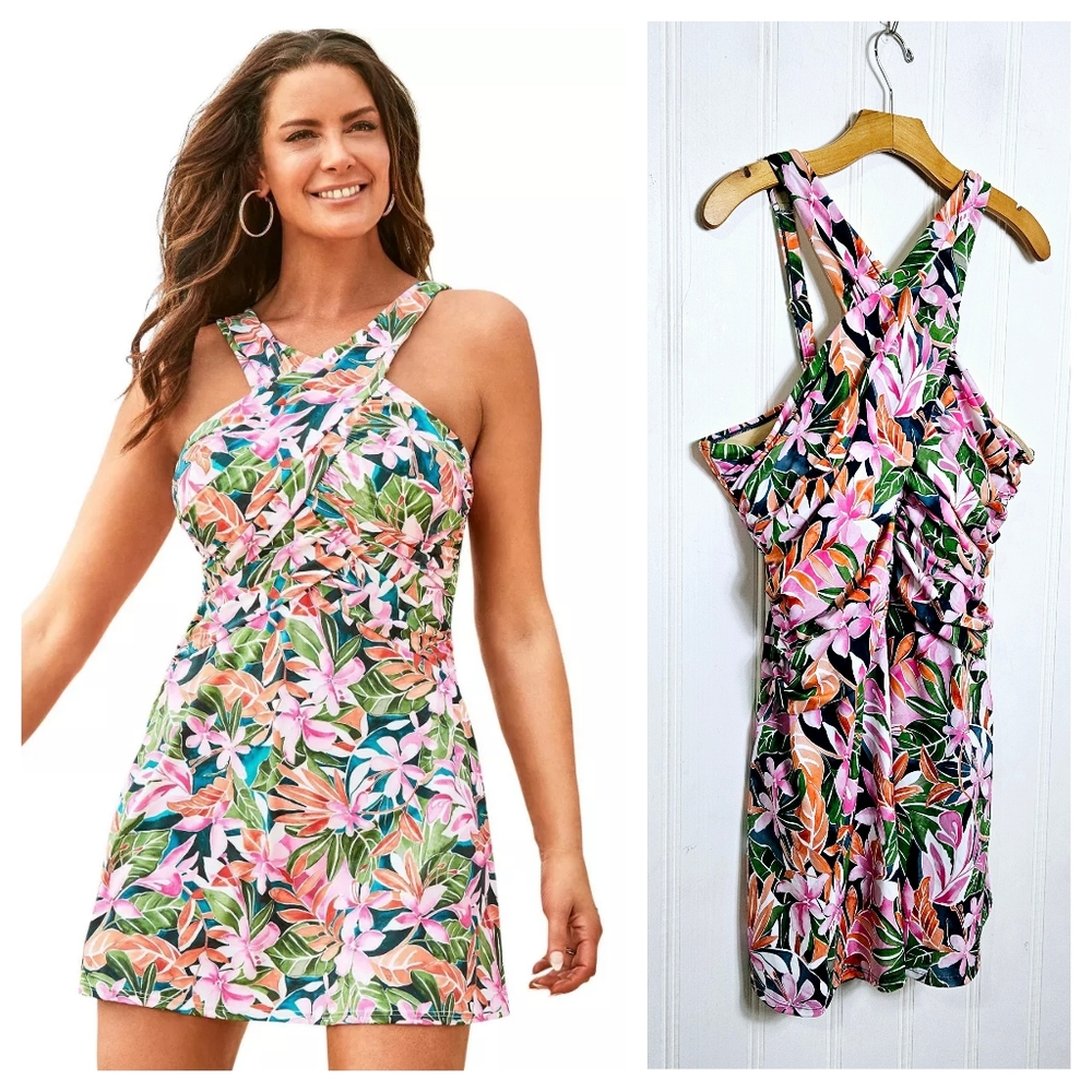 Swimsuits For All Tropical Swim Dress 22 Tummy Control Full Coverage